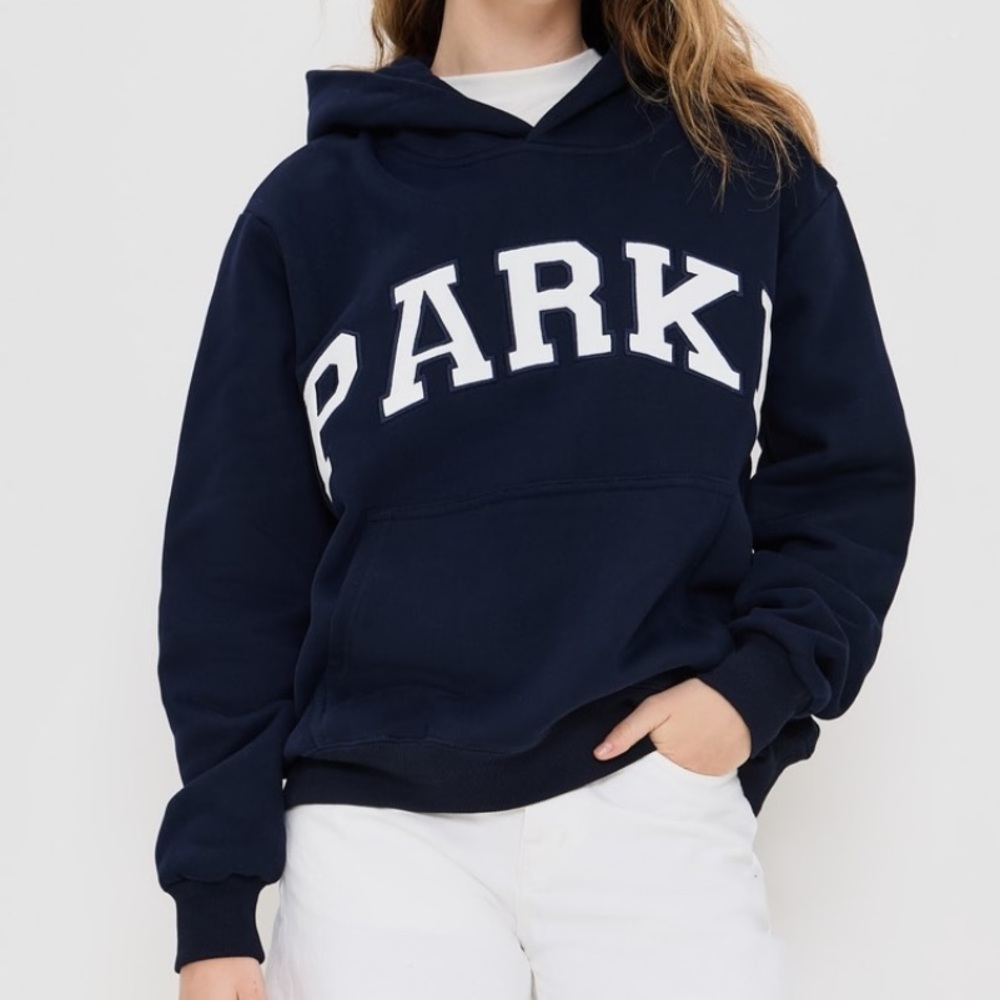 Navy Blue Hoodie with White Lettering